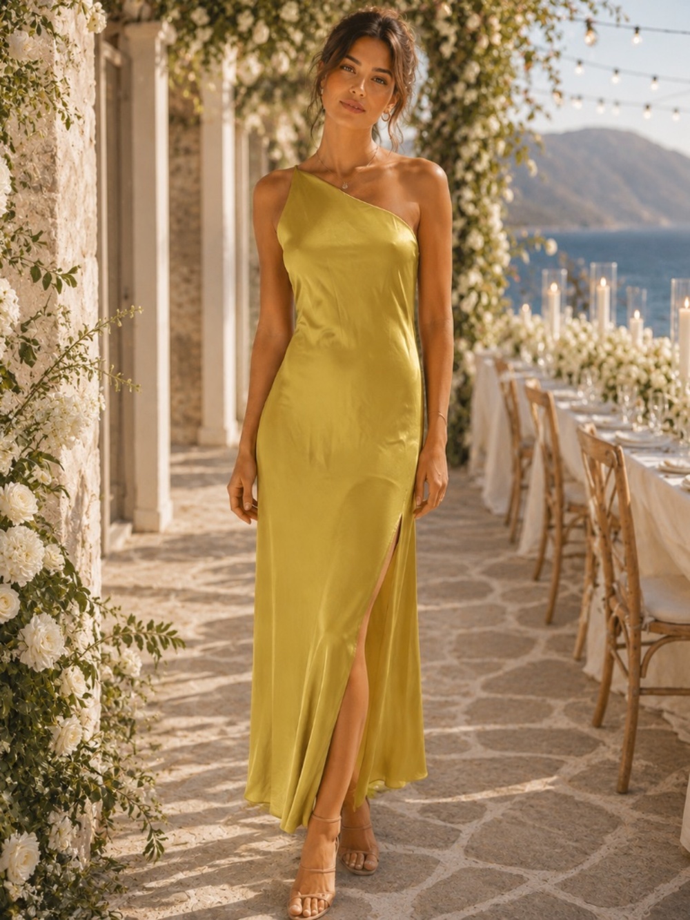 Indefeir Mustard Yellow One Shoulder Satin Maxi Dress XS Open Back Side Slit